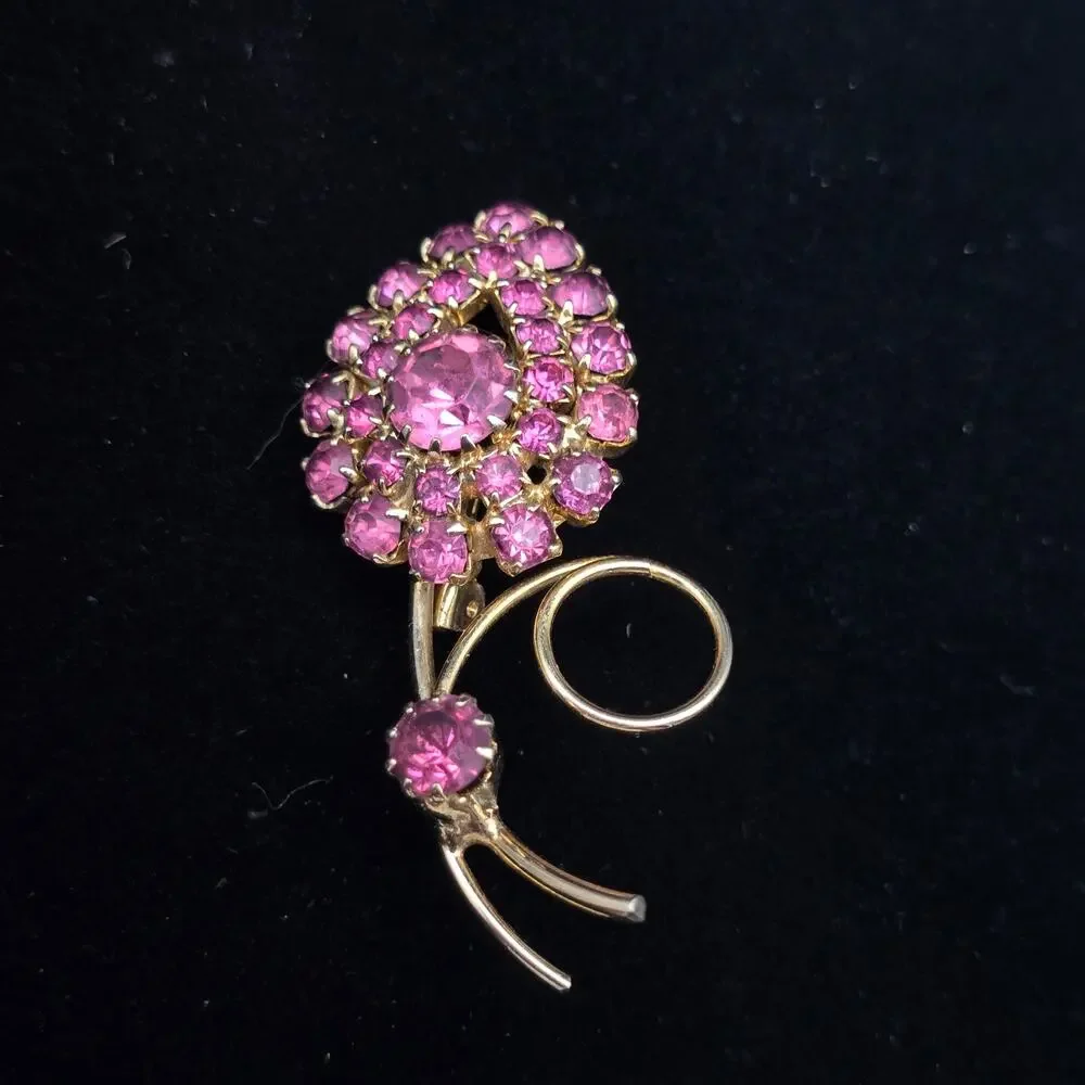 Vintage‎ Pink Rhinestone Flower Brooch Gold Tone Floral 1960s Glam Jewelry